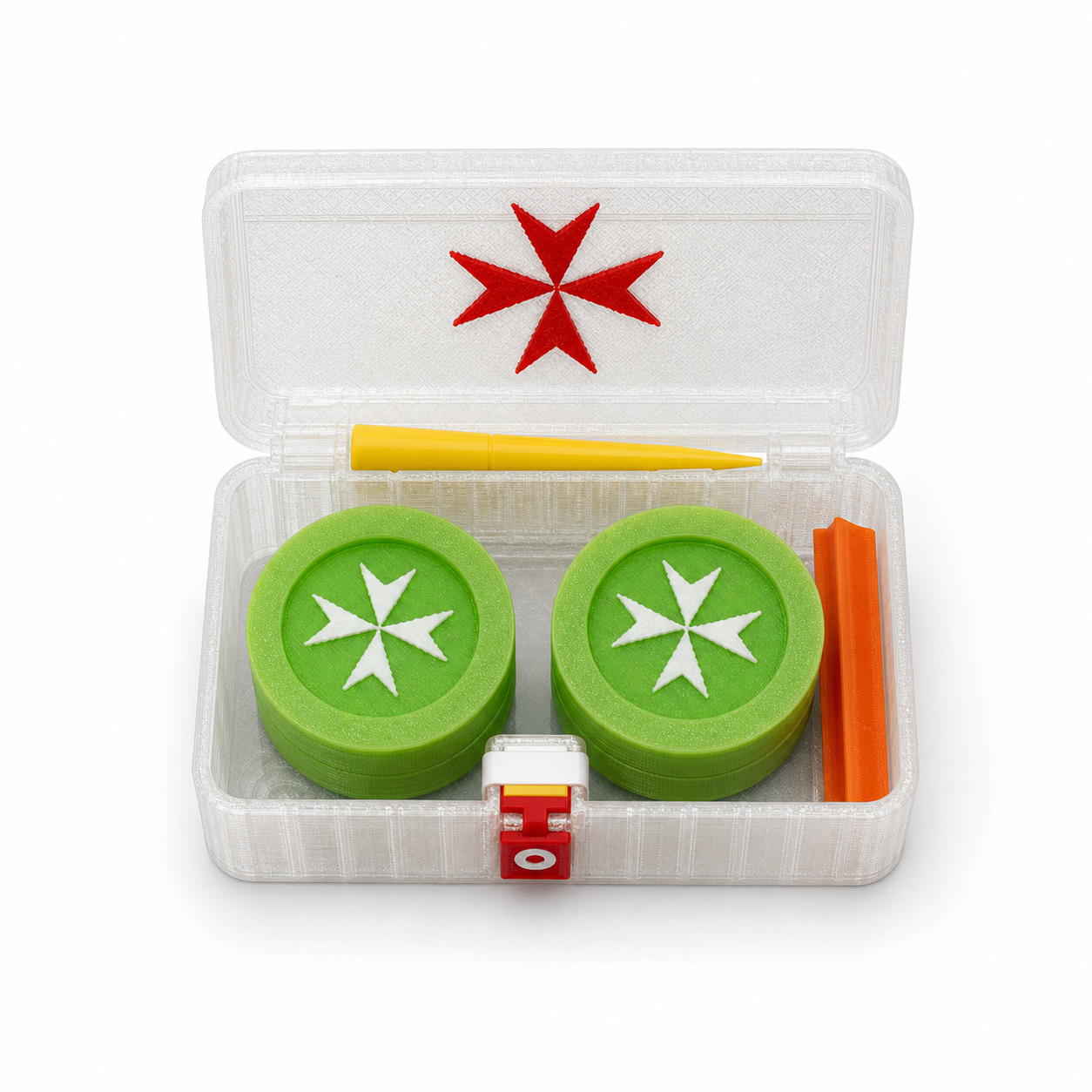 Transparent Maltese Cross Stash Box Set open with grinder and storage accessories