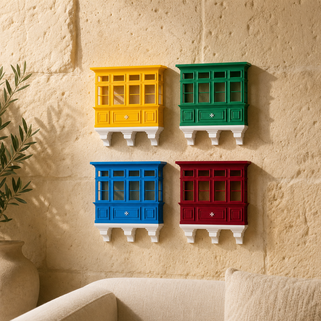 Yellow green blue and red Maltese balcony wall decor on limestone