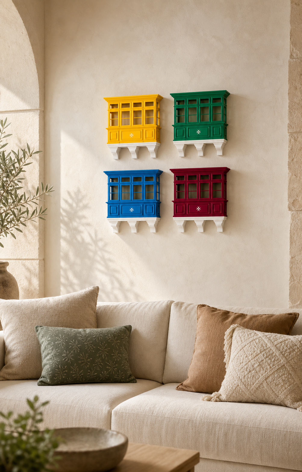 Colourful Maltese balcony wall decorations above a sofa