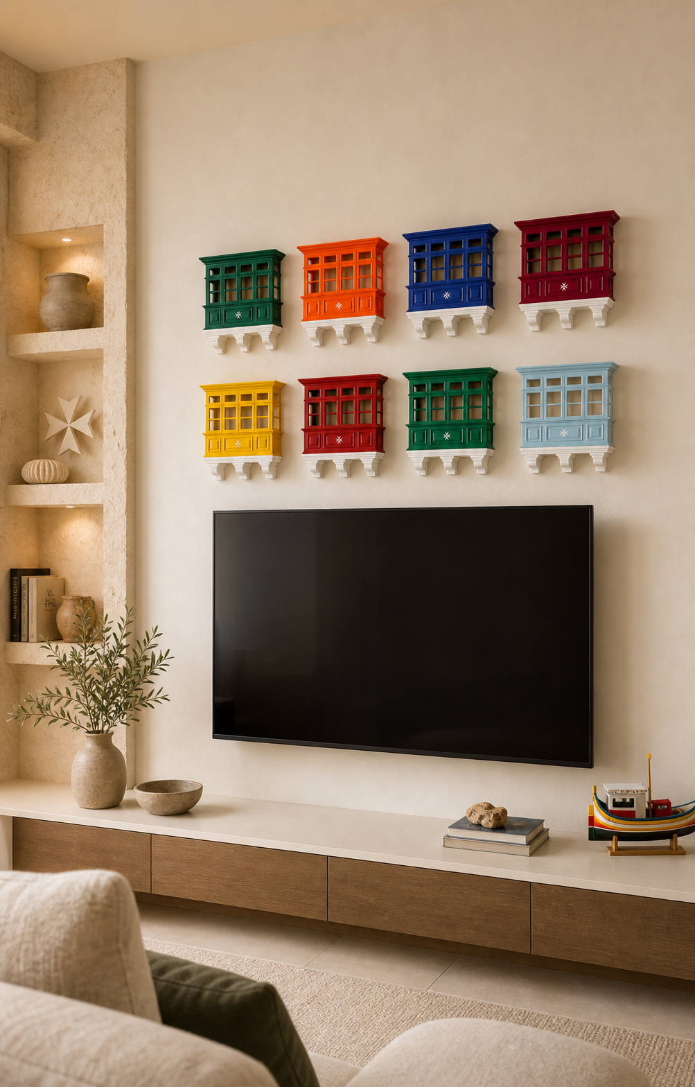 Maltese balcony wall decorations displayed above a television